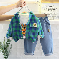 Load image into Gallery viewer, 3 Pieces Set Baby Kid Boys Cartoon Print Tops Checked Shirts And Solid Color Pants Wholesale 220216320
