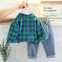 Load image into Gallery viewer, 3 Pieces Set Baby Kid Boys Cartoon Print Tops Checked Shirts And Solid Color Pants Wholesale 220216320
