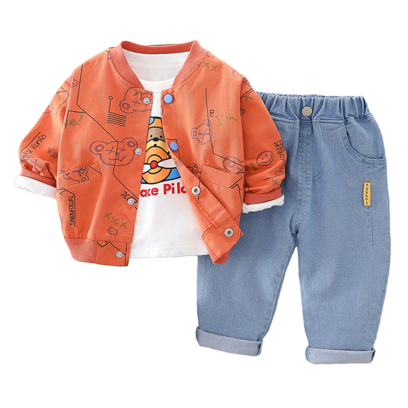 3 Pieces Set Baby Kid Boys Letters Cartoon Print Jackets&Outwears Tops And Solid Color Jeans Wholesale 220216352