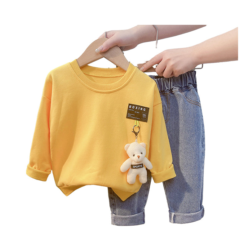 2 Pieces Set Baby Kid Boys Cartoon Hoodies Swearshirts And Solid Color Jeans Wholesale 220216373