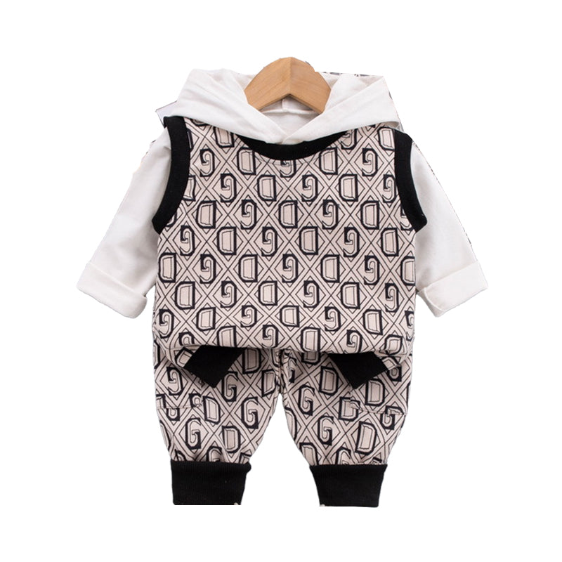 3 Pieces Set Baby Kid Boys Solid Color Print Hoodies Swearshirts Checked Vests Waistcoats And Pants Wholesale 220216374