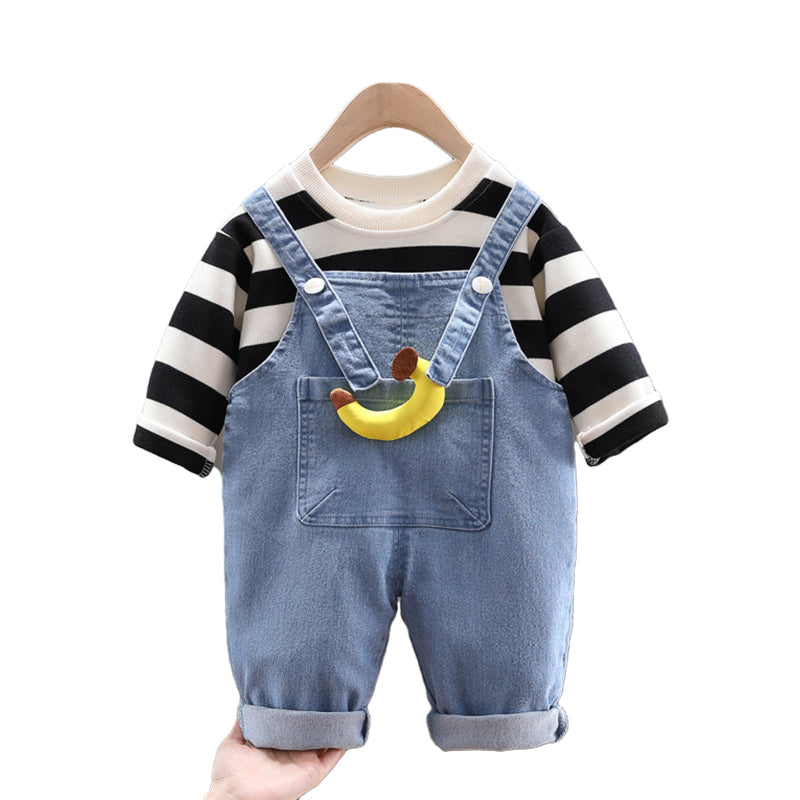 2 Pieces Set Baby Kid Girls Boys Striped Tops And Solid Color Jumpsuits Wholesale 220216387