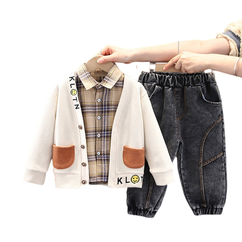 3 Pieces Set Baby Kid Boys Checked Shirts Color-blocking Expression Embroidered Cardigan And Solid Color Jeans Wholesale 22021639