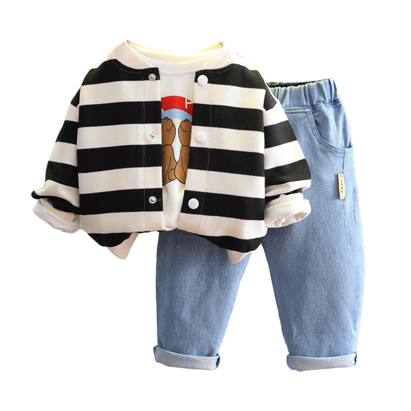 3 Pieces Set Baby Kid Unisex Striped Jackets Outwears Cartoon Tops And Solid Color Pants Wholesale 220216448