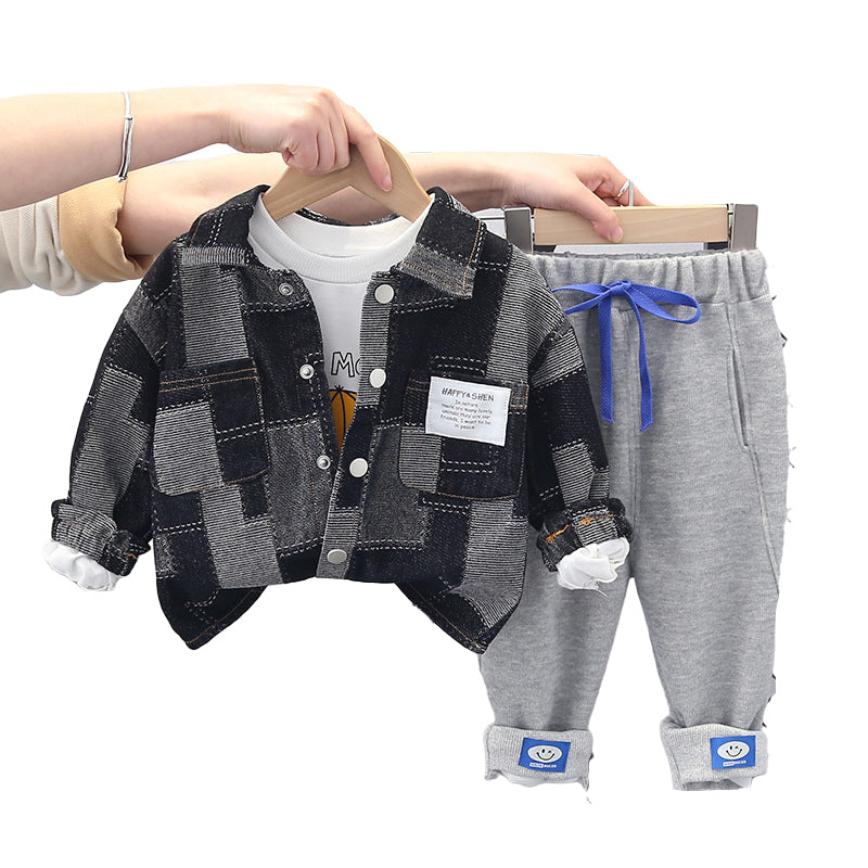 3 Pieces Set Baby Kid Boys Letters Cartoon Print Tops And Checked Jackets Outwears And Solid Color Pants Wholesale 220216474