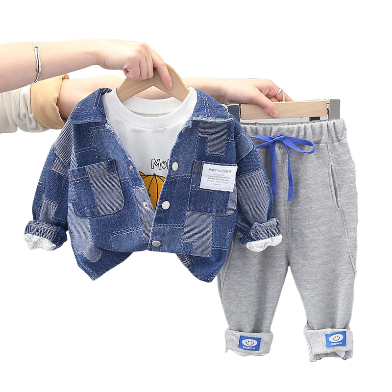 3 Pieces Set Baby Kid Boys Letters Cartoon Print Tops And Checked Jackets Outwears And Solid Color Pants Wholesale 220216474