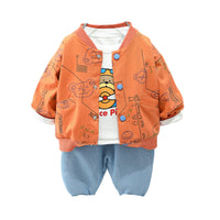 Load image into Gallery viewer, 3 Pieces Set Baby Kid Boys Letters And Cartoon Print Tops Jackets Outwears And Solid Color Pants Wholesale 220216525
