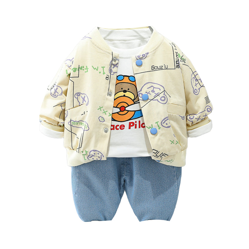 3 Pieces Set Baby Kid Boys Letters And Cartoon Print Tops Jackets Outwears And Solid Color Pants Wholesale 220216525