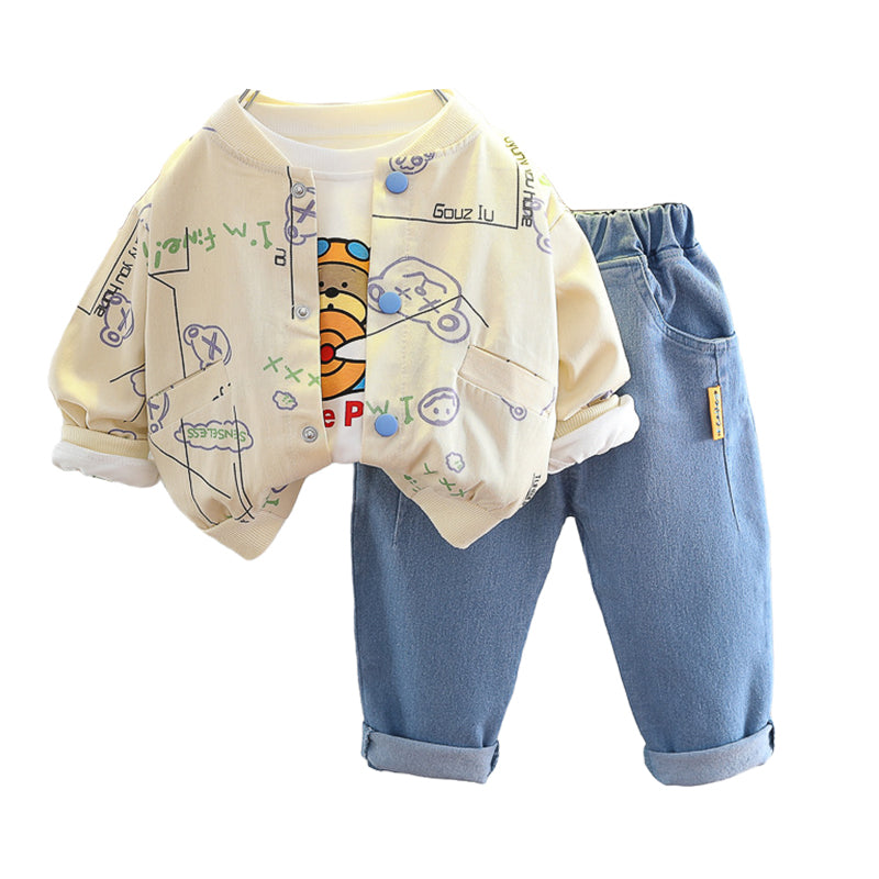 3 Pieces Set Baby Kid Boys Animals Cartoon Print Tops Letters Jackets Outwears And Solid Color Pants Wholesale 220216527