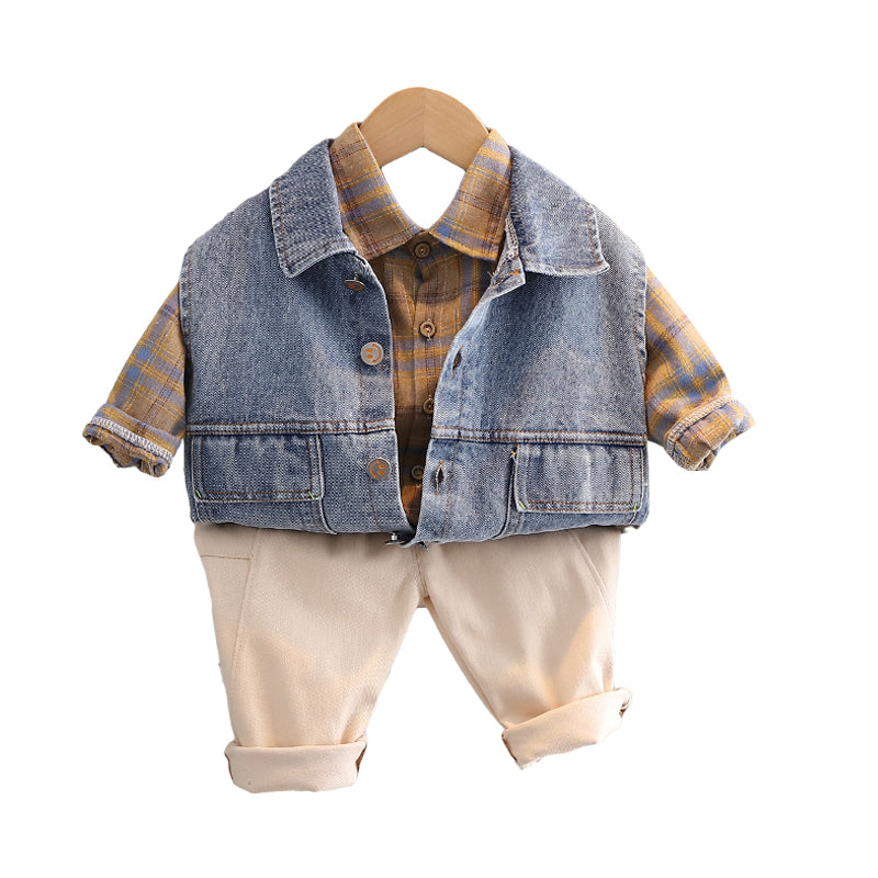 3 Pieces Set Baby Kid Boys Checked Shirts Animals Embroidered Vests Waistcoats And Solid Color Pants Wholesale 220216529