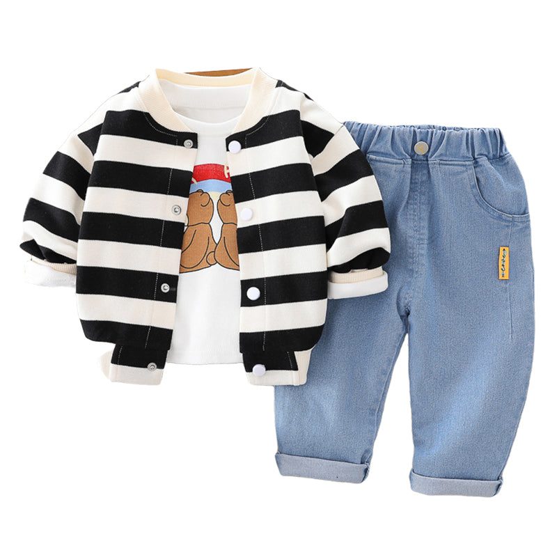 3 Pieces Set Baby Kid Boys Striped Jackets Outwears Cartoon Tops And Solid Color Pants Wholesale 220216536