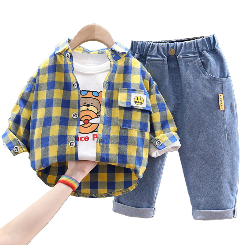 3 Pieces Set Baby Kid Unisex Checked Print Shirts Letters Cartoon Tops And Jeans Wholesale 220216549