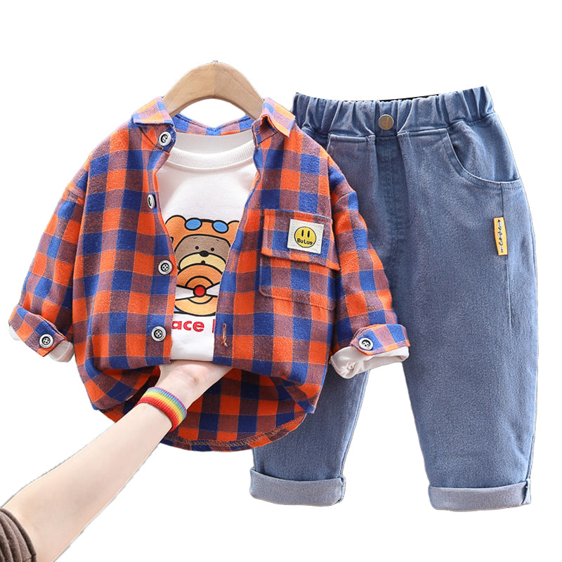 3 Pieces Set Baby Kid Unisex Checked Print Shirts Letters Cartoon Tops And Jeans Wholesale 220216549