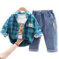 Load image into Gallery viewer, 3 Pieces Set Baby Kid Unisex Checked Print Shirts Letters Cartoon Tops And Jeans Wholesale 220216549
