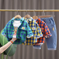 Load image into Gallery viewer, 3 Pieces Set Baby Kid Unisex Checked Print Shirts Letters Cartoon Tops And Jeans Wholesale 220216549
