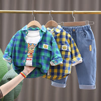 Load image into Gallery viewer, 3 Pieces Set Baby Kid Unisex Checked Print Shirts Letters Cartoon Tops And Jeans Wholesale 220216549
