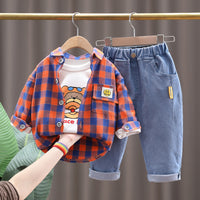 Load image into Gallery viewer, 3 Pieces Set Baby Kid Unisex Checked Print Shirts Letters Cartoon Tops And Jeans Wholesale 220216549
