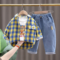 Load image into Gallery viewer, 3 Pieces Set Baby Kid Unisex Checked Print Shirts Letters Cartoon Tops And Jeans Wholesale 220216549
