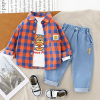 Load image into Gallery viewer, 3 Pieces Set Baby Kid Unisex Checked Print Shirts Letters Cartoon Tops And Jeans Wholesale 220216549
