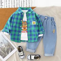 Load image into Gallery viewer, 3 Pieces Set Baby Kid Unisex Checked Print Shirts Letters Cartoon Tops And Jeans Wholesale 220216549
