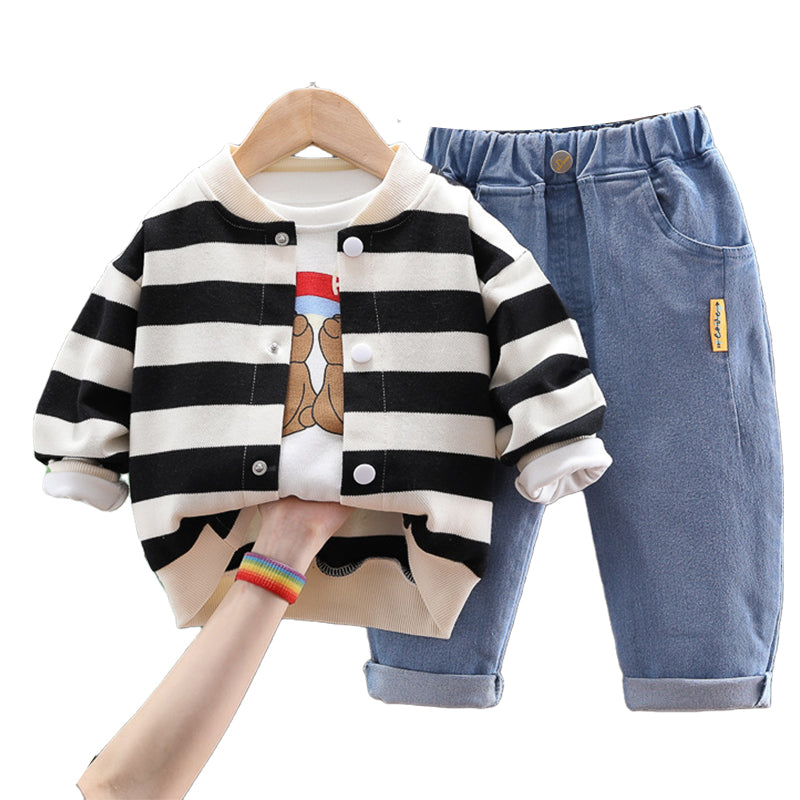 3 Pieces Set Baby Kid Unisex Striped Print Jackets Outwears Letters Cartoon Tops And Jeans Wholesale 220216550