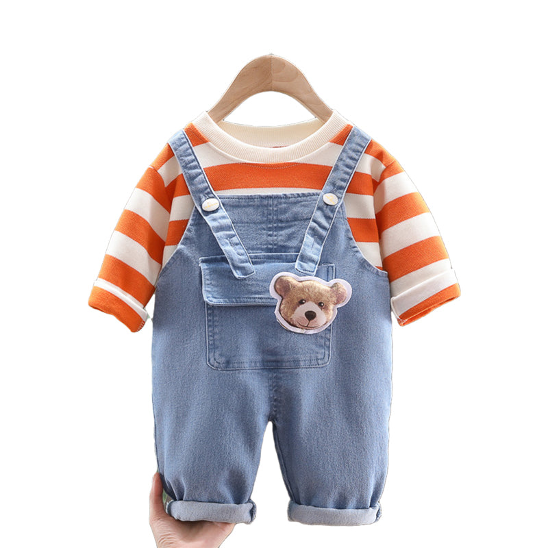 2 Pieces Set Baby Kid Unisex Striped Hoodies Swearshirts And Solid Color Animals Jeans Wholesale 220216552