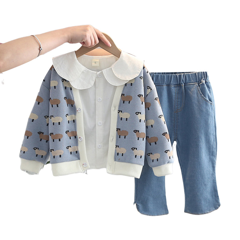 3 Pieces Set Baby Kid Girls Solid Color Tops Cartoon Jackets Outwears And Jeans Wholesale 220216584