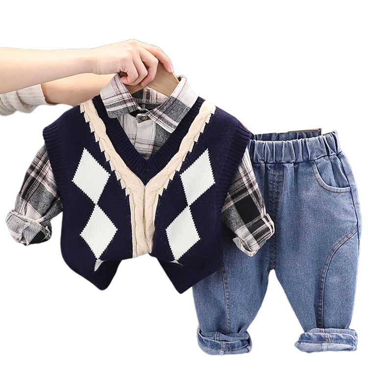 3 Pieces Set Baby Kid Boys Checked Shirts Crochet Vests Waistcoats And Solid Color Pants Wholesale 220216596