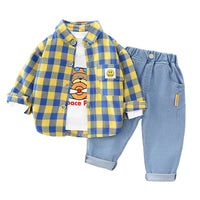 Load image into Gallery viewer, 3 Pieces Set Baby Kid Boys Checked Expression Shirts Letters Cartoon Tops And Jeans Wholesale 220216604
