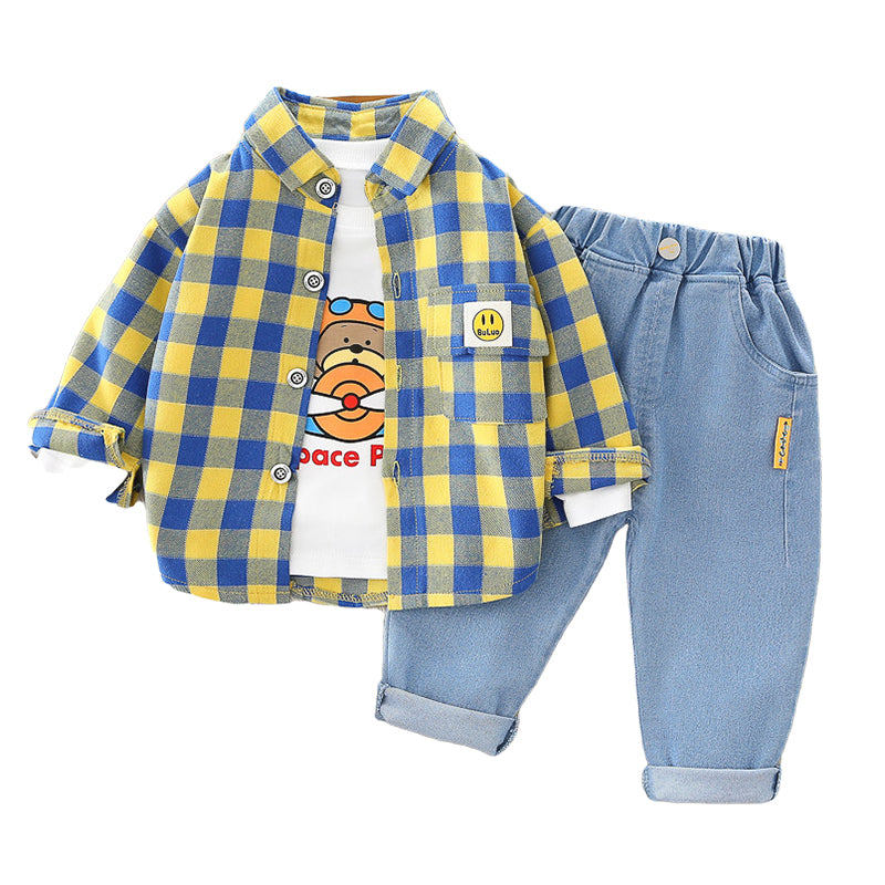 3 Pieces Set Baby Kid Boys Checked Expression Shirts Letters Cartoon Tops And Jeans Wholesale 220216604