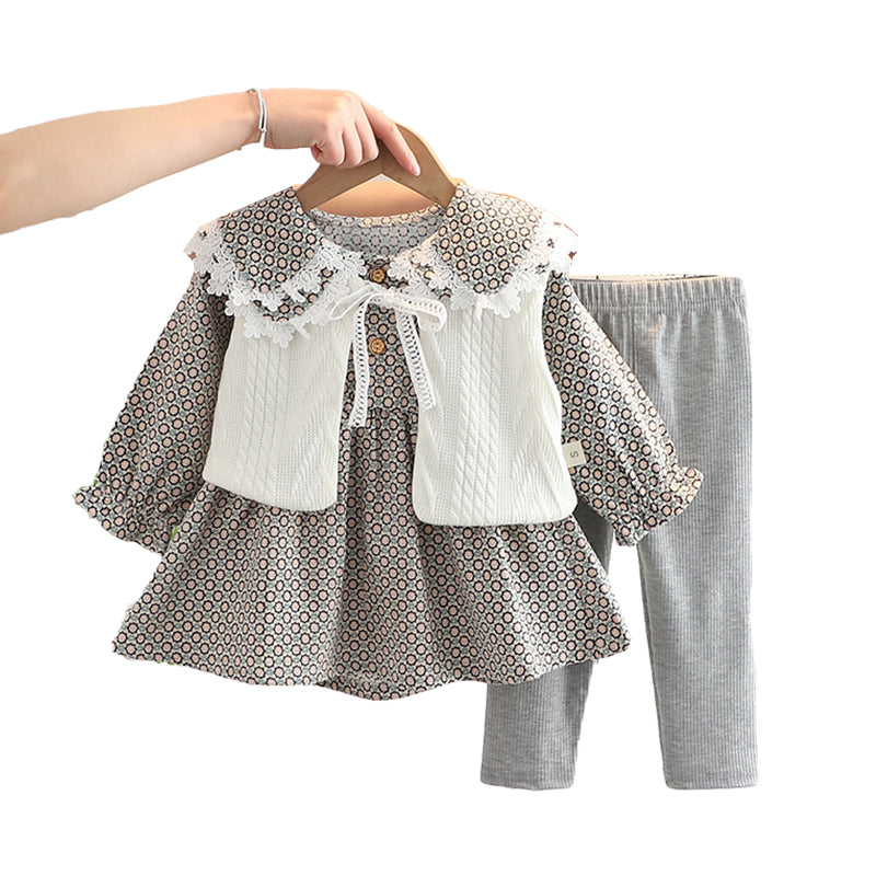 3 Pieces Set Baby Kid Girls Bow Lace Print Tops And Solid Color Vests Waistcoats And Pants Wholesale 220216627