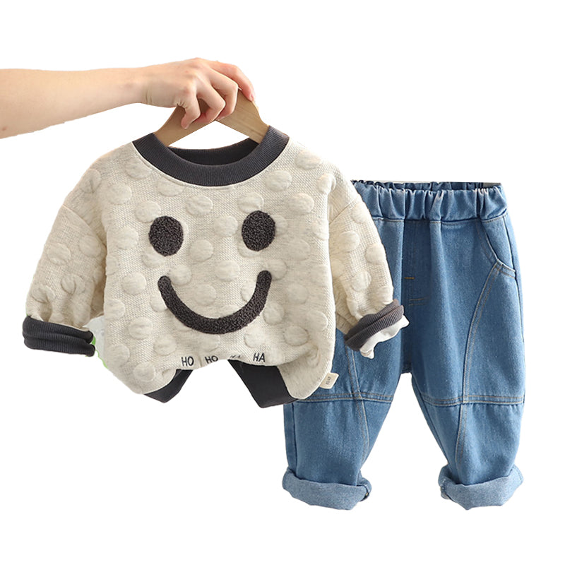 2 Pieces Set Baby Kid Boys Letters Cartoon Expression Hoodies Swearshirts And Solid Color Jeans Wholesale 220216653