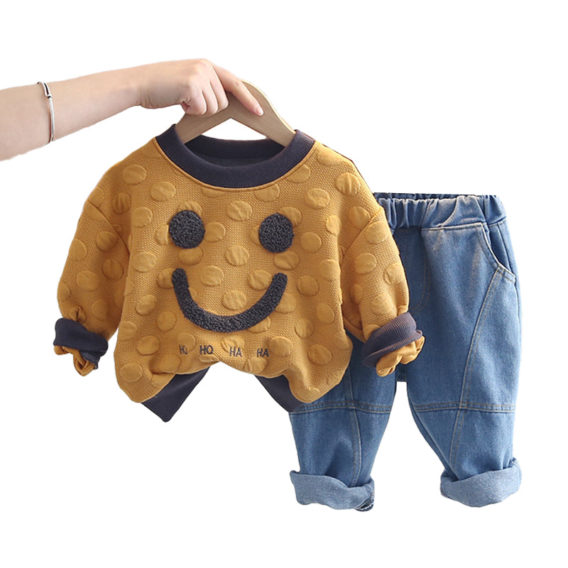 2 Pieces Set Baby Kid Boys Letters Cartoon Expression Hoodies Swearshirts And Solid Color Jeans Wholesale 220216653