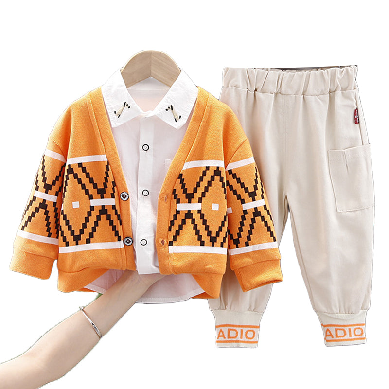 3 Pieces Set Baby Kid Boys Cartoon Embroidered Shirts Crochet Cardigan And Letters Pants Wholesale 22021687