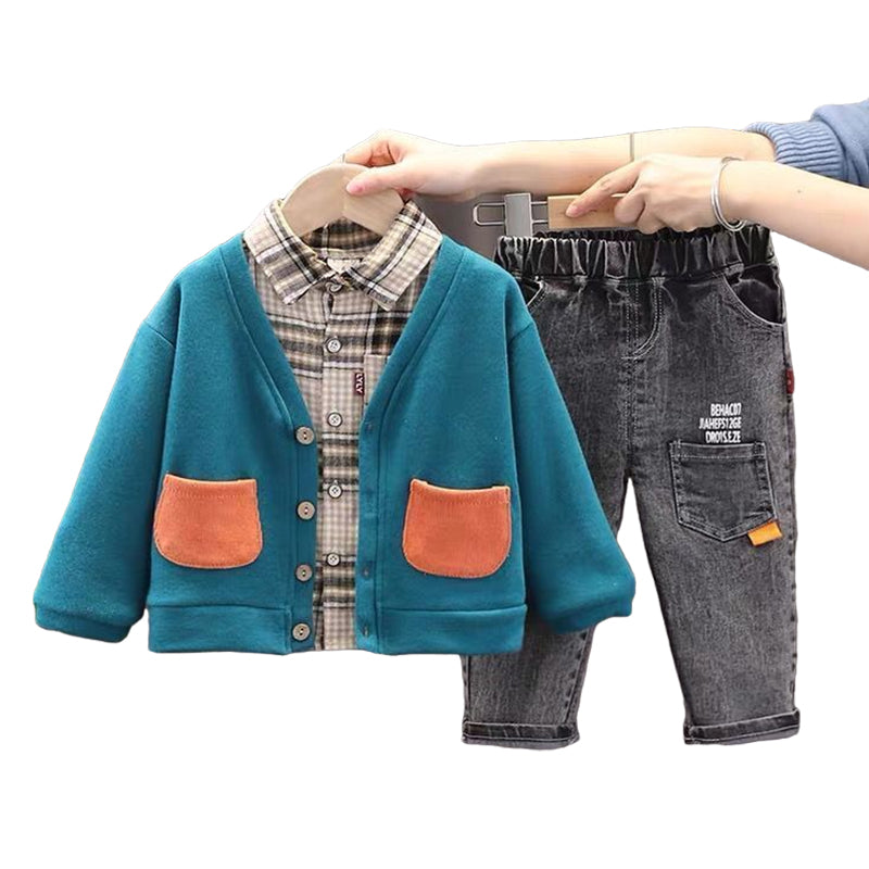 3 Pieces Set Baby Kid Boys Checked Shirts Color-blocking Cardigan And Letters Pants Wholesale 22021697