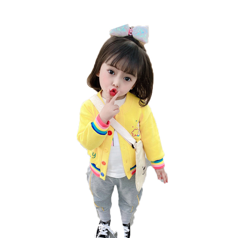 3 Pieces Set Baby Kid Girls Unicorn Print Tops Rainbow Embroidered Cardigan And Color-blocking Pants Wholesale 22021699