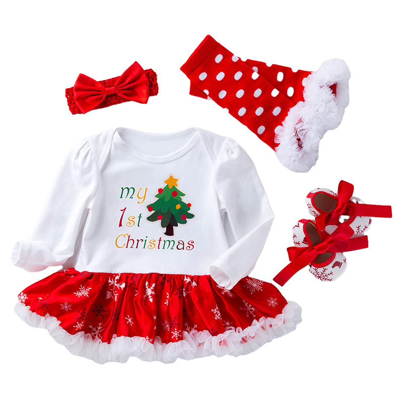 4 Pieces Set Baby Girls Christmas Letters Animals Cartoon Print Dresses Bow Shoes Headwear And Others accessories Wholesale 22021805