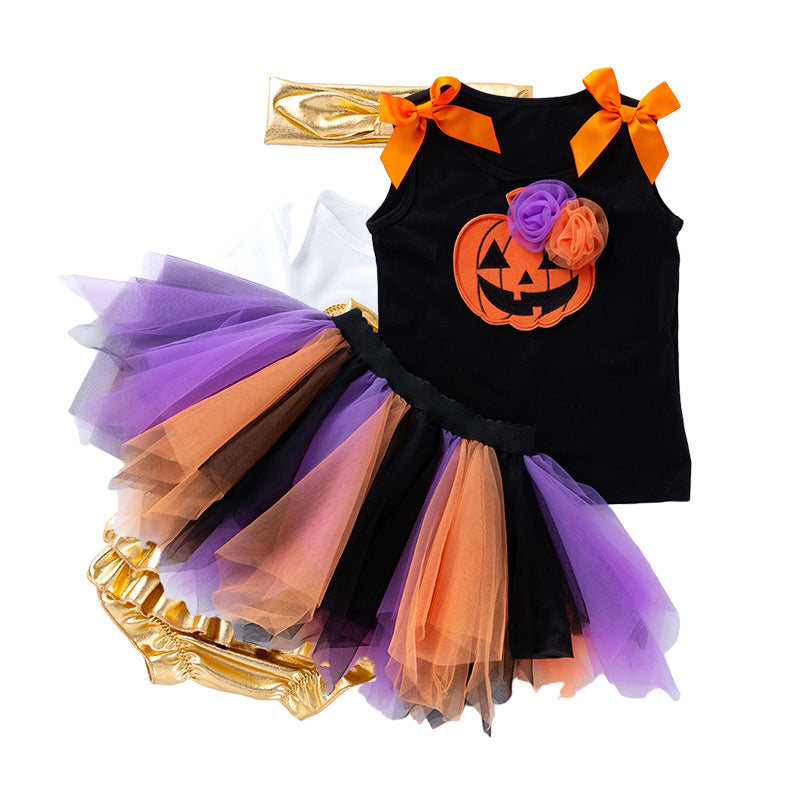 2 Pieces Set Baby Kid Girls Halloween Flower Bow Print Tank Tops And Color-blocking Skirts Wholesale 22021807