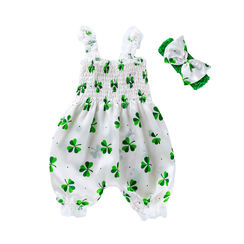 Baby Girls Flower Bow Print St Patrick's Day Jumpsuits Wholesale 22021810