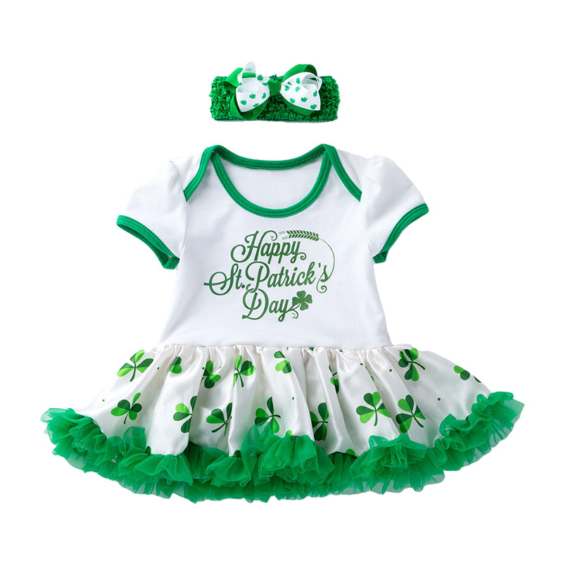 Baby Girls Letters Flower Bow Print St Patrick's Day Dresses Wholesale 22021823