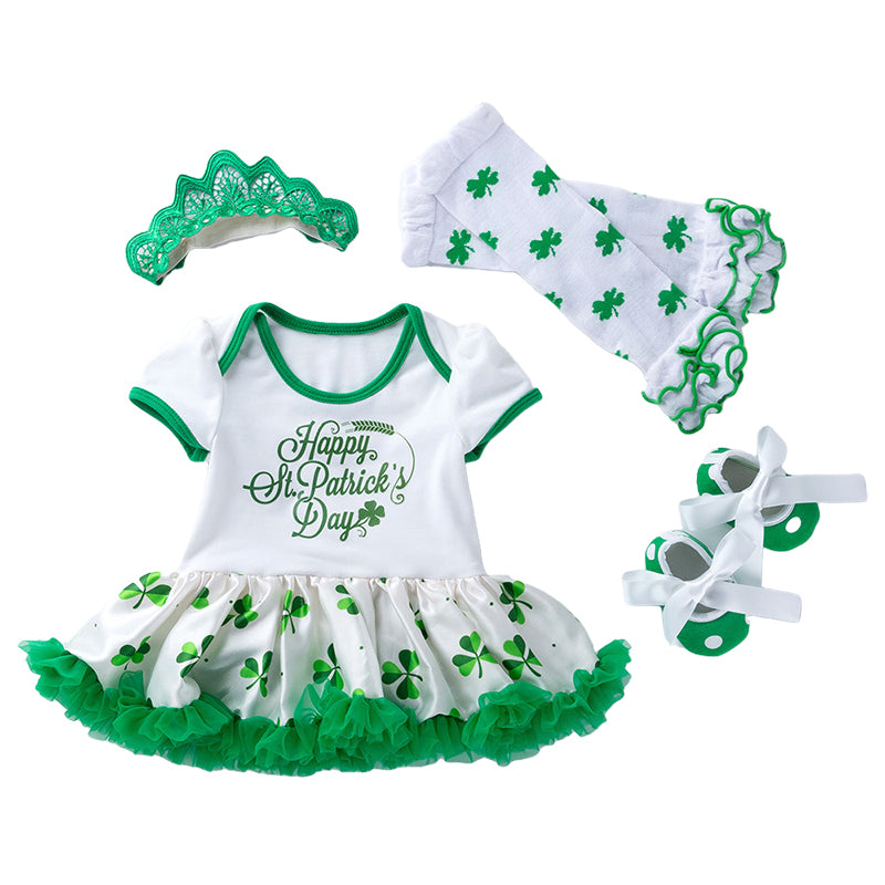 4 Pieces Set Baby Girls St Patrick's Day Letters Flower Print Dresses Shoes And Others accessories Wholesale 22021824