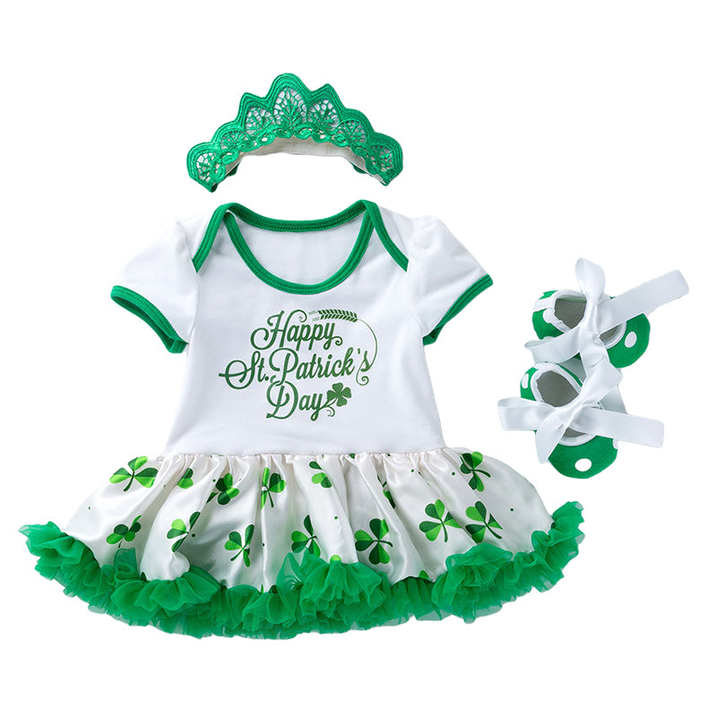 3 Pieces Set Baby Girls St Patrick's Day Letters Flower Print Dresses Shoes And Others accessories Wholesale 22021825