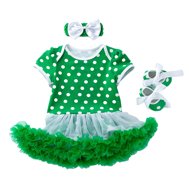 Baby Girls Polka dots Bow Lace Print St Patrick's Day Dresses Wholesale 22021826