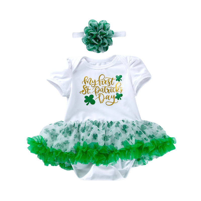 Baby Girls Letters Flower Lace Print St Patrick's Day Rompers Wholesale 22021828