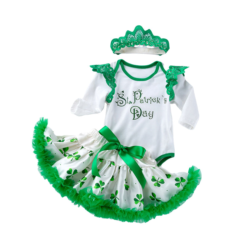 2 Pieces Set Baby Girls St Patrick's Day Letters Lace Print Rompers And Bow Skirts Wholesale 22021830