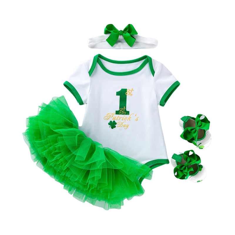 2 Pieces Set Baby Girls St Patrick's Day Letters Bow Rompers And Lace Skirts Wholesale 22021831