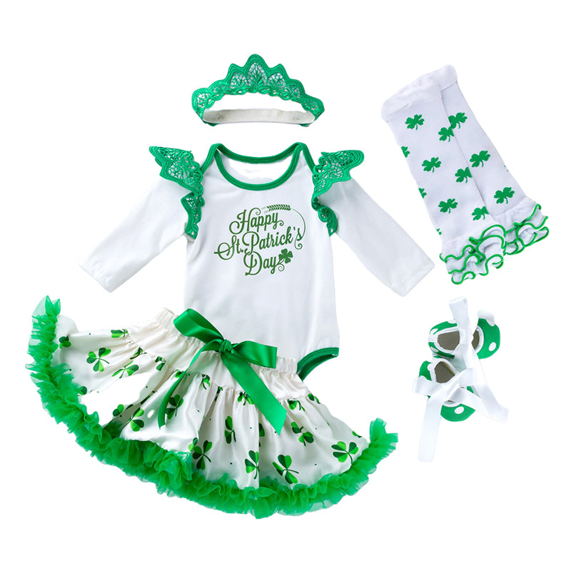 2 Pieces Set Baby Girls St Patrick's Day Letters Print Rompers And Lace Bow Skirts Wholesale 22021833