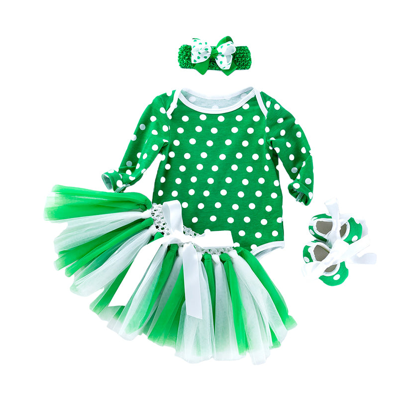 2 Pieces Set Baby Girls St Patrick's Day Polka dots Bow Rompers And Lace Skirts Wholesale 22021836