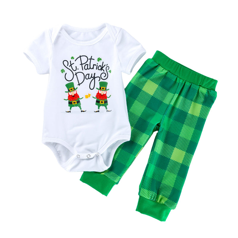 2 Pieces Set Baby Unisex St Patrick's Day Letters Print Rompers And Checked Pants Wholesale 22021837