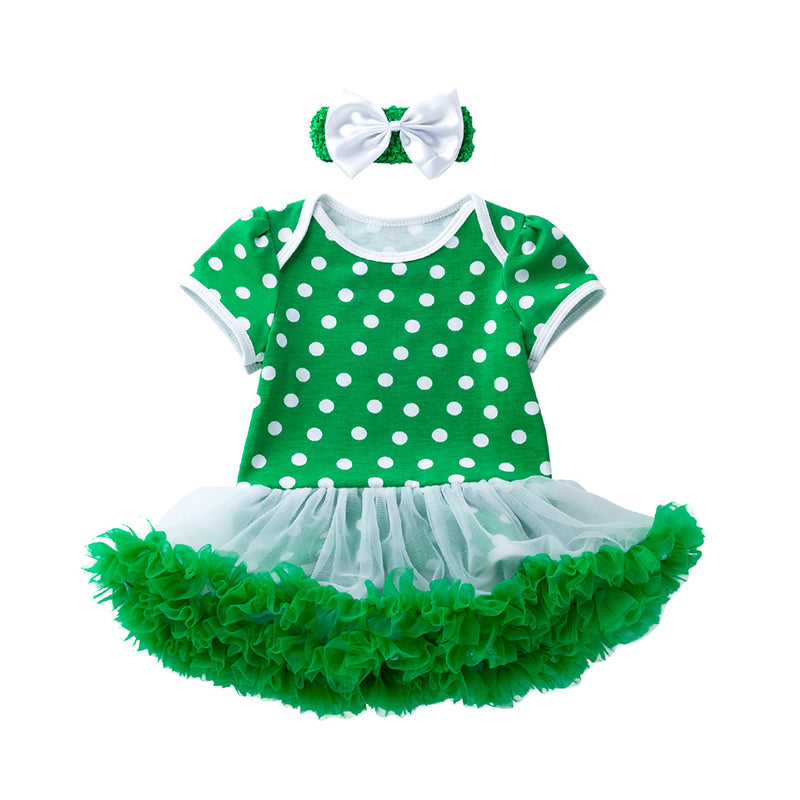 Baby Girls Polka dots Bow Lace St Patrick's Day Dresses Wholesale 22021839